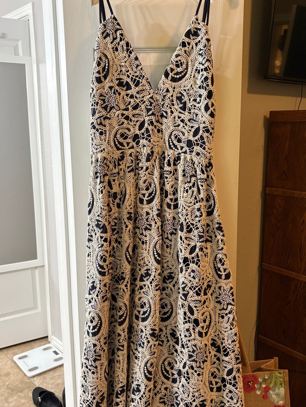 Navy Blue V-Neck Lace Overlay Sundress